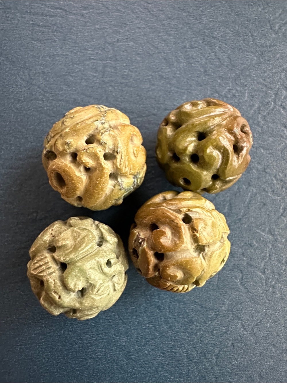 Vintage Hand-Carved Turquoise Floral Carved Bead Necklace Set Of 4 Olive Green